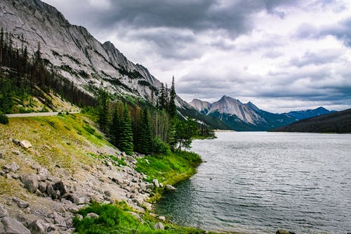 冰川山脉和湖泊附近的绿树 · 免费素材图片