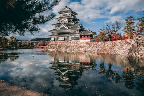 多云的天空下湖附近的宝塔寺 · 免费素材图片