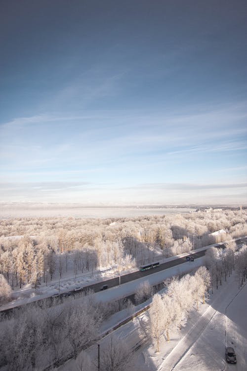 在积雪覆盖的道路上行驶的车辆 · 免费素材图片