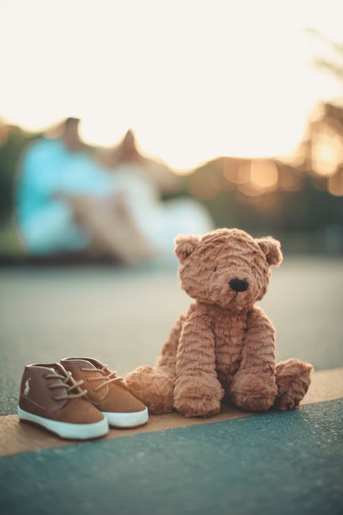 选择性聚焦摄影中一双蹒跚学步的棕色和白色鞋子旁边的棕熊毛绒玩具 · 免费素材图片