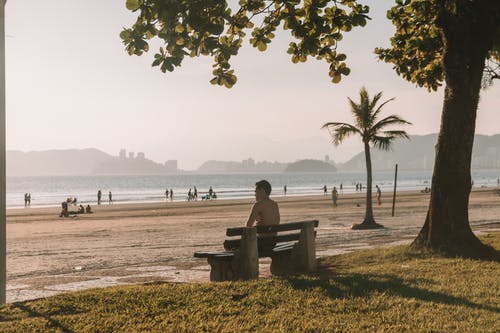 光着膀子的男人坐在长椅上朝向海滩 · 免费素材图片