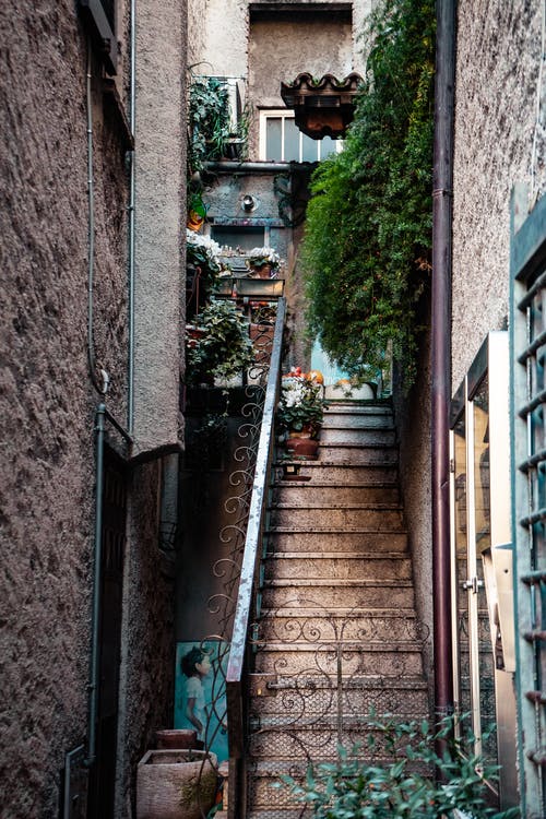 黑色金属栏杆的棕色楼梯 · 免费素材图片