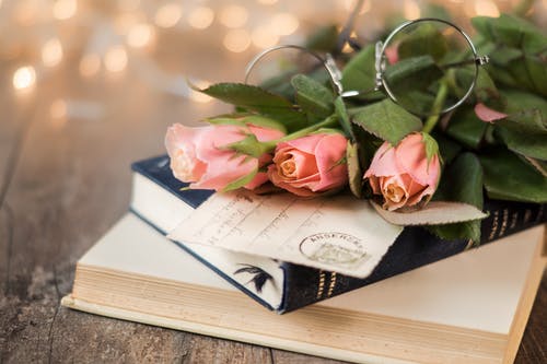 粉红玫瑰花朵和书 · 免费素材图片