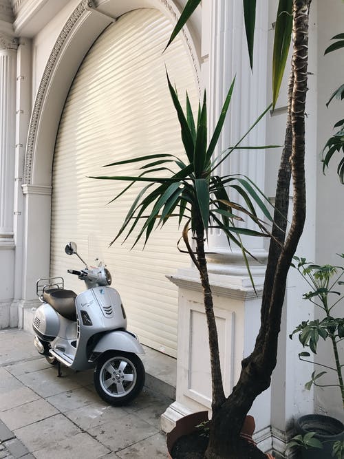 黑色和灰色的小型摩托车停在白色的卷帘门上 · 免费素材图片