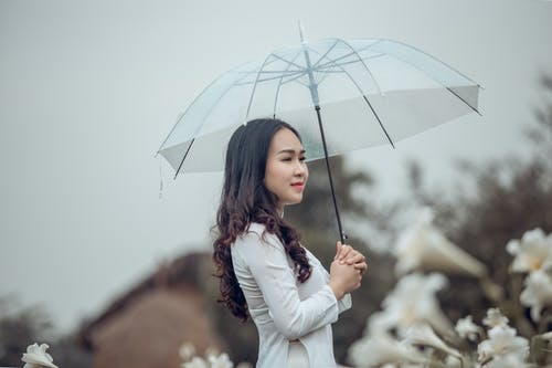 拿着伞的白色成套装备身分的妇女照片 · 免费素材图片