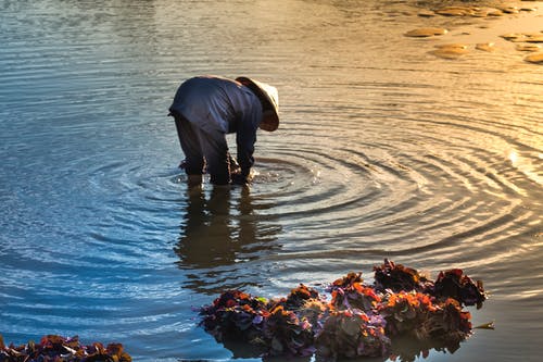 在水体中弯曲到地面的人 · 免费素材图片