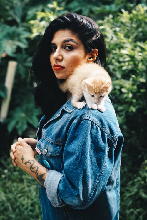 站在橙色的虎斑小猫在她肩膀上的女人 · 免费素材图片