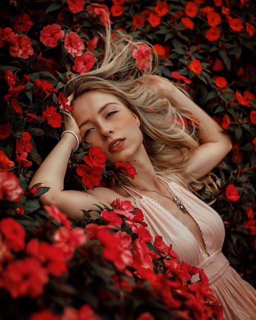 躺在红色的花朵上的女人 · 免费素材图片