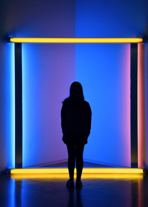 站在霓虹灯的房间前面的女人的艺术后视图剪影照片 · 免费素材图片