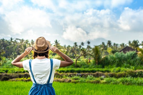 女人站在绿色的田野 · 免费素材图片