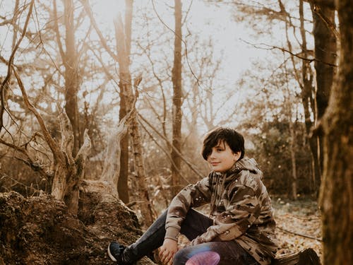 棕色和黑色迷彩帽衫的男孩坐在树上 · 免费素材图片