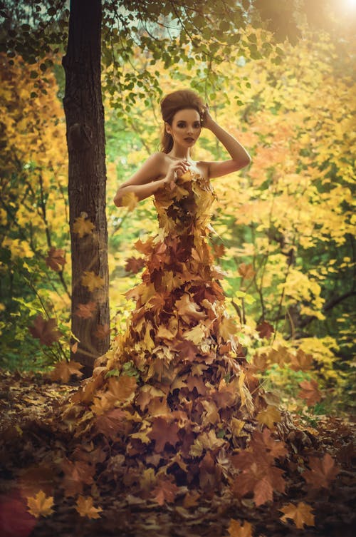 模型与秋天的落叶作为一件衣服 · 免费素材图片