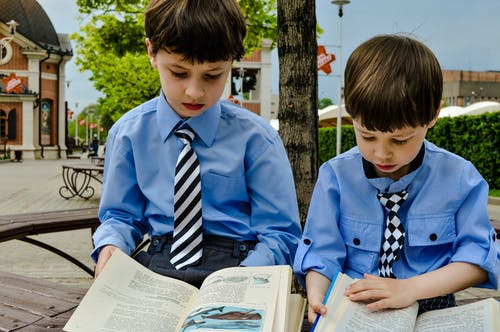 穿蓝色衬衫的男孩看书 · 免费素材图片