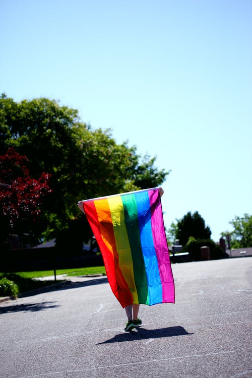 按住彩虹色旗走路的人 · 免费素材图片