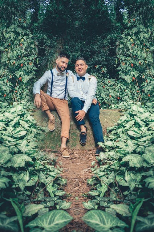 坐在绿色的植物旁边的两个男人穿的裤子 · 免费素材图片