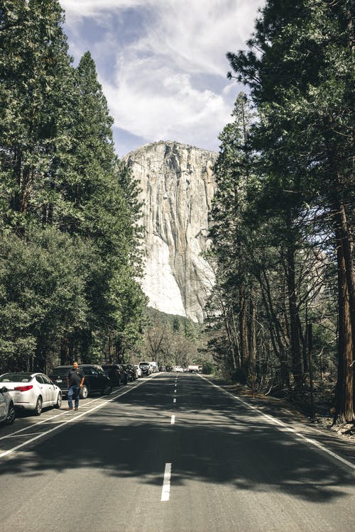高大的树木之间的柏油路通路与附近高山上停着的汽车的照片 · 免费素材图片
