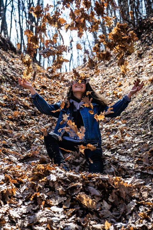 干树叶包围的女人的照片 · 免费素材图片