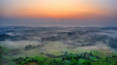 黄金时段雾气覆盖的农田鸟瞰图 · 免费素材图片