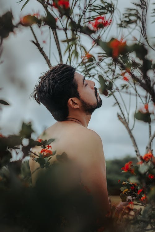 光着膀子的男人站在他的头和他的眼睛闭上花植物旁边的选择性聚焦照片 · 免费素材图片