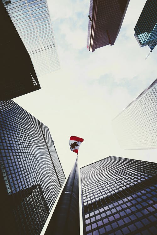 高层建筑附近的加拿大国旗的低角度照片 · 免费素材图片
