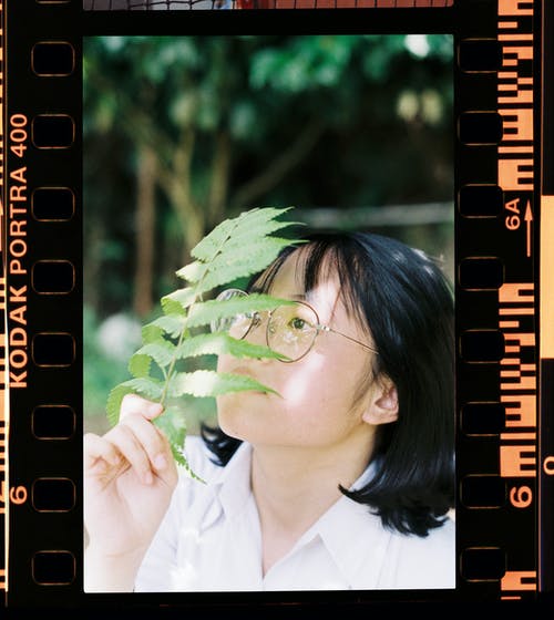 女人捂着脸与蕨植物的特写摄影 · 免费素材图片