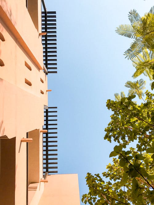 米色和黑色混凝土建筑与绿叶树木的低角度照片 · 免费素材图片