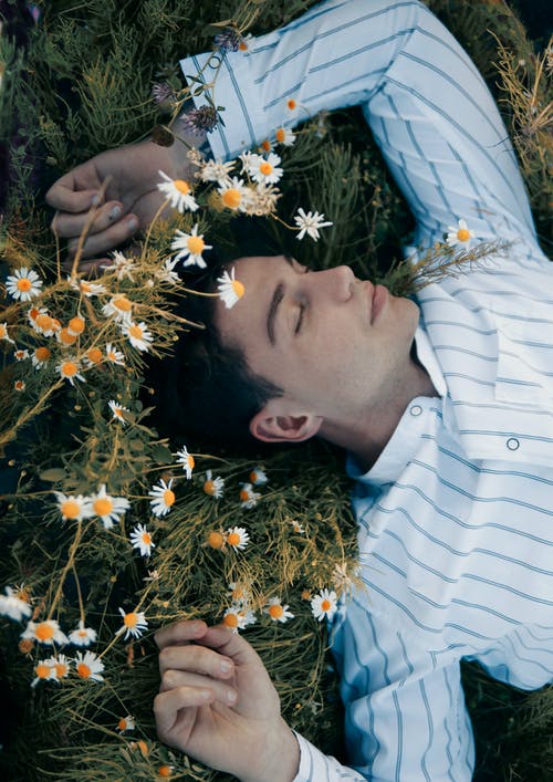 男子躺在洋甘菊花旁边的草地上 · 免费素材图片