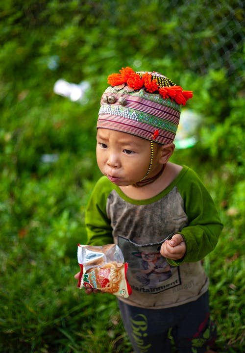 孩子站在绿色的原野时吃薯条 · 免费素材图片
