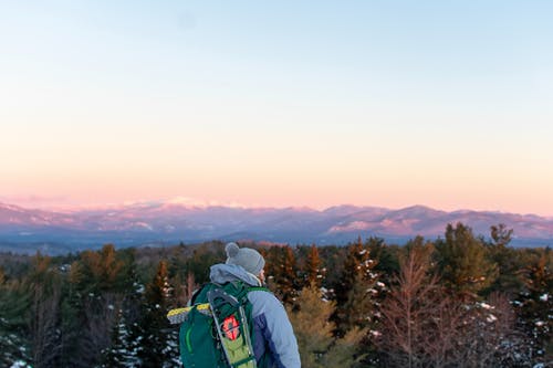 男人穿着绿色的背包，俯瞰树林 · 免费素材图片