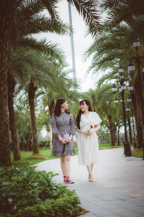 在树木之间的混凝土路面上行走的妇女 · 免费素材图片