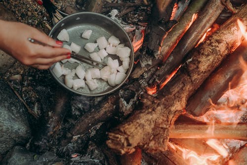 在木火上用平锅烹饪 · 免费素材图片