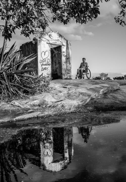 坐在池塘附近的轮椅上的人的灰度摄影 · 免费素材图片