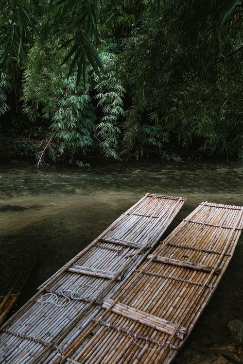 在一条浅河边的两个长竹筏 · 免费素材图片