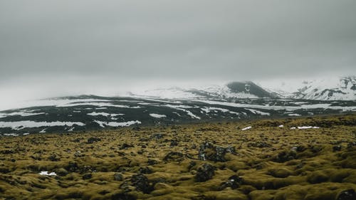在远处被雪覆盖的丘陵和山脉脚下的草地 · 免费素材图片