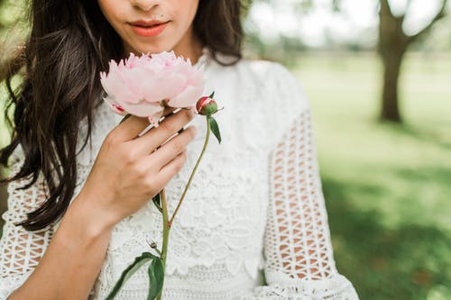 女人拿着粉红色的花瓣花的选择性焦点照片 · 免费素材图片