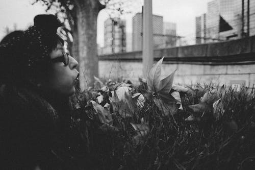 女人吹树叶的灰度照片 · 免费素材图片