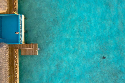 人坐在无边泳池与前面的海滩 · 免费素材图片