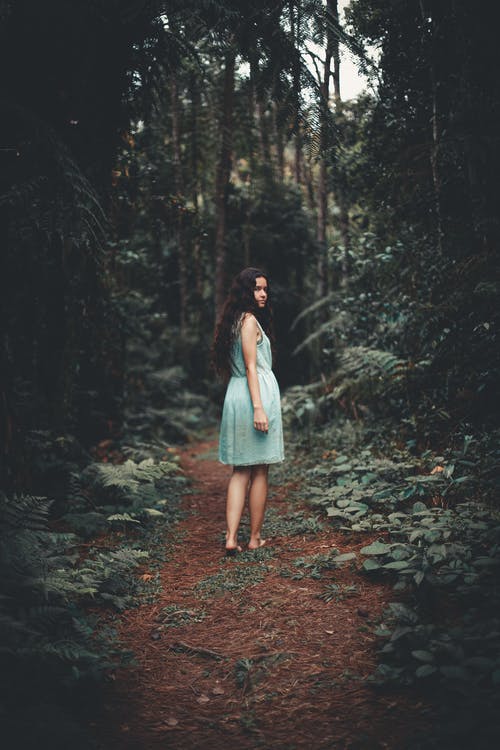 在森林里的绿树之间行走的蓝色无袖连衣裙的女人 · 免费素材图片