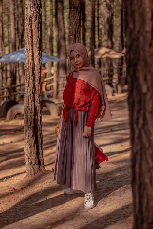 站在树旁边的红色和灰色礼服的女人 · 免费素材图片