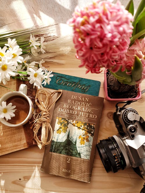 老式照片相机小说和咖啡杯花 · 免费素材图片