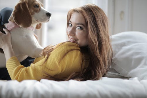 黄色毛衣拥抱白色和棕色短涂层的狗的女人 · 免费素材图片