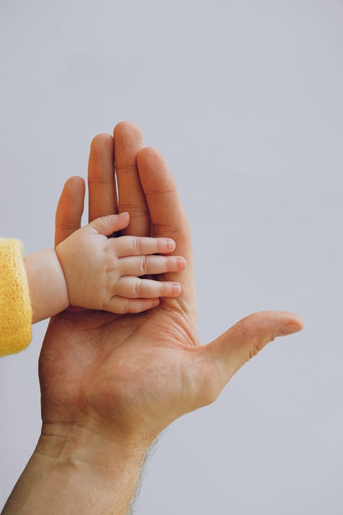 作物人触摸手掌与刚出生的婴儿，在灰色的背景上 · 免费素材图片