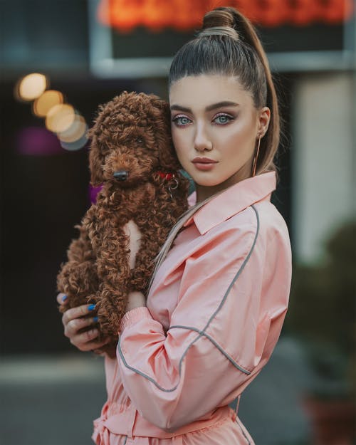 拿着棕色狗的粉红色外套的女孩 · 免费素材图片