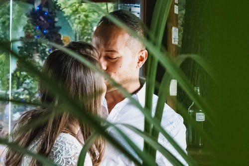 男人和女人在绿色的植物附近接吻 · 免费素材图片