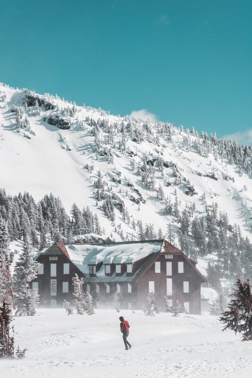白雪皑皑的山附近的棕色和白色房子 · 免费素材图片
