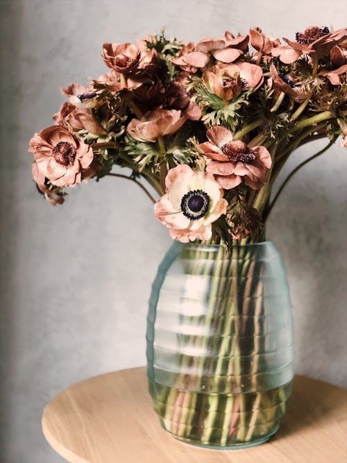 蓝色玻璃花瓶中的粉红和白色花朵 · 免费素材图片