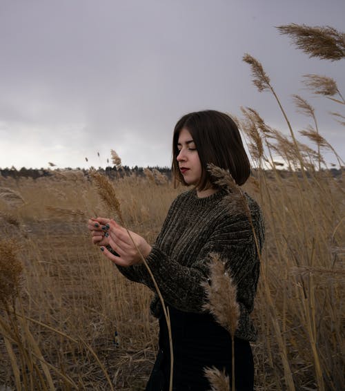 黑色长袖衬衫站在棕色草地上的女人 · 免费素材图片