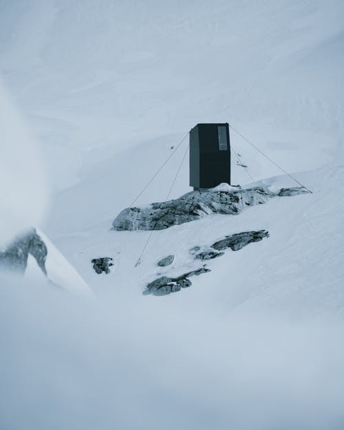 远征摊位放在白雪皑皑的山坡上的石头上 · 免费素材图片