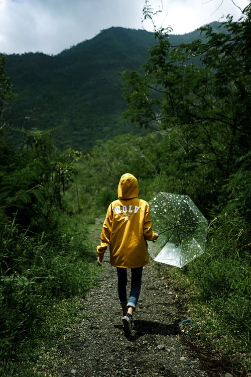 不可识别的旅行者用伞在山附近的道路上行走 · 免费素材图片