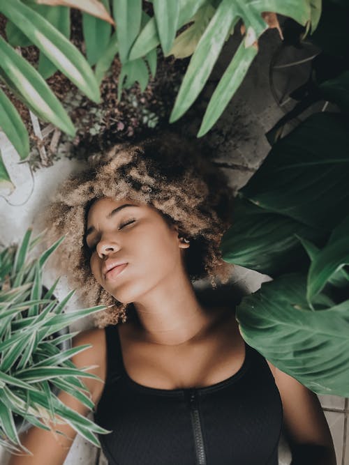 在盆栽植物中的地板上睡觉的女人 · 免费素材图片